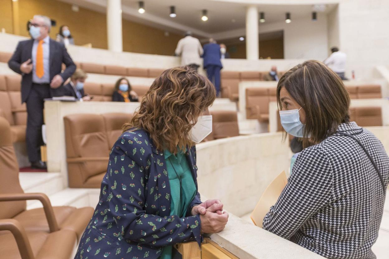 Las consejeras de Empleo y Políticas Sociales, Ana Belén Álvarez (izquierda), y de Presidencia, Paula Fernández, antes del pleno.