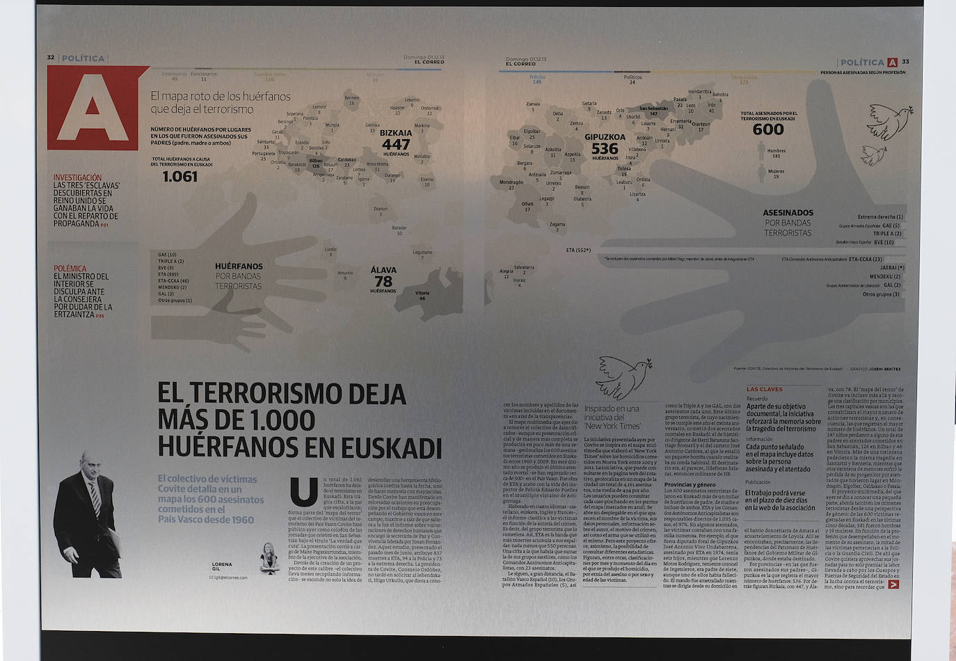 Distintas portadas y noticias que ilustran los paneles, de dos metros de altura, de la exposición de la Real Casa de Correos de Madrid.