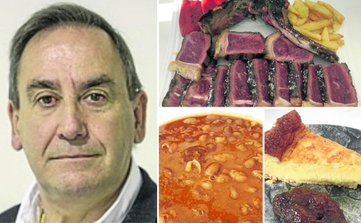 Santiago Flor es el propietario de La venta de Castañeda. A la derecha, tres de los platos que preparan: chuletón de vaca pinta de AgroCantabria con cincuenta días de maduración; guiso de alubias realizado en olla ferroviaria y tarta de queso pasiego con confitura de higos. 