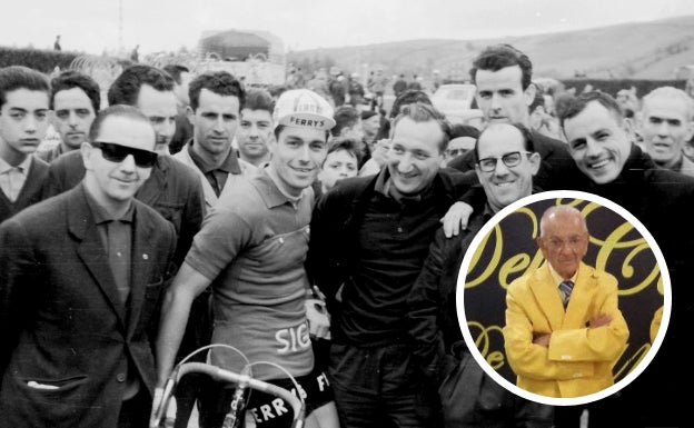 Antonio San Miguel, vestido de corredor, en una carrera en el año 1963. En el redondel, en una imagen de 2014, cuando fue nombrado 'Leyenda del Ciclismo de Cantabria'.