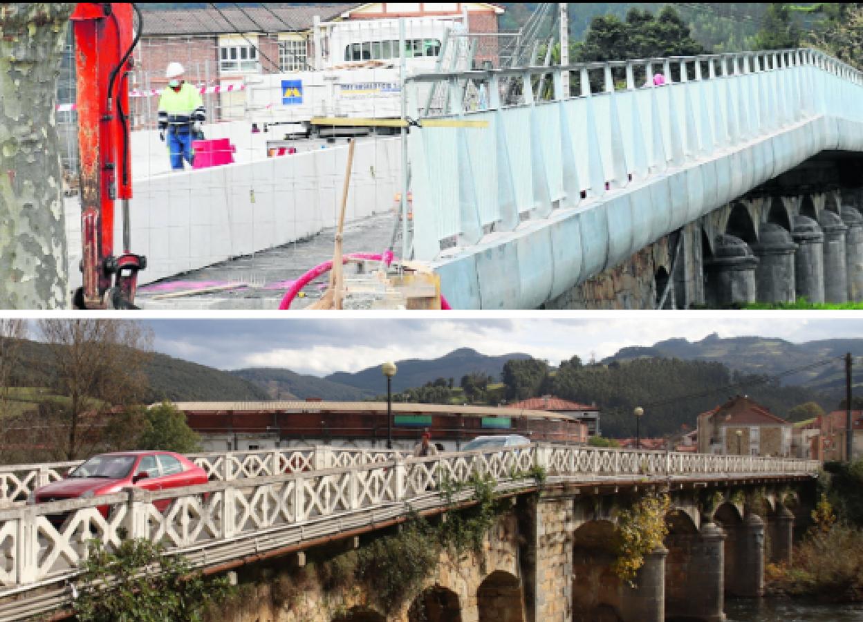 Arriba, la obra del puente está ya muy avanzada y las nuevas barandillas están colocadas. Abajo, las antiguas barandillas.