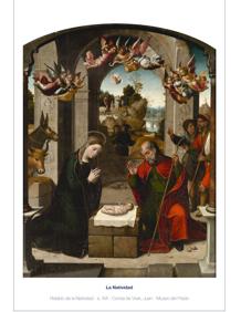 Imagen secundaria 2 - La firma de Felipe VI, la Reina Letizia y la Princesa de Asturias y la infanta Sofía (arriba); la firma de los Reyes Juan Carlos y Sofía (abajo a la izquierda), y la imagen de un retablo de Natividad firmado por Juan Correa de Vivar (siglo XVI)