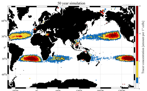 Localizaciones de las cinco islas subtropicales de basura.