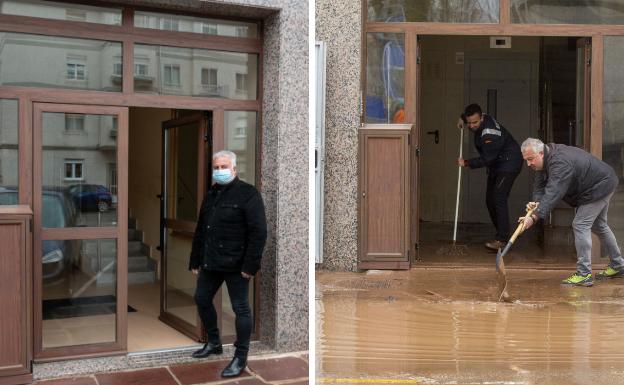 José María Ginel, en la Avenida La Naval. A la izquierda, hace una año, limpiando el portal con su hijo.