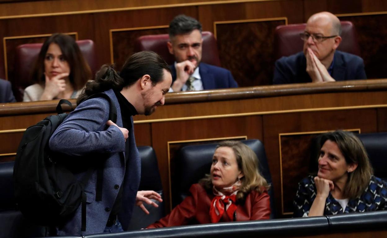 Los vicepresidentes Pablo Iglesias, Nadia Calviño y Teresa Ribera, en el Congreso. 