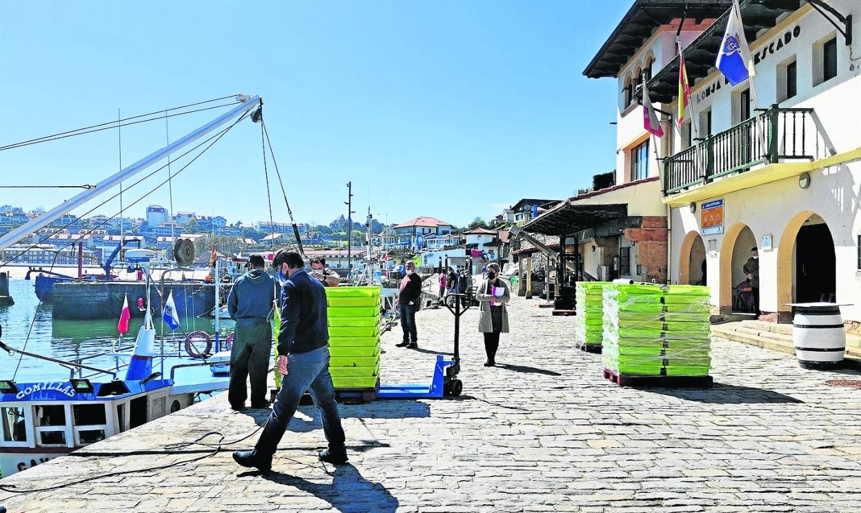 Los pescadores descargan el pescado en palés tras atracar en la dársena, frente a la lonja de la cofradía, el pasado martes. 