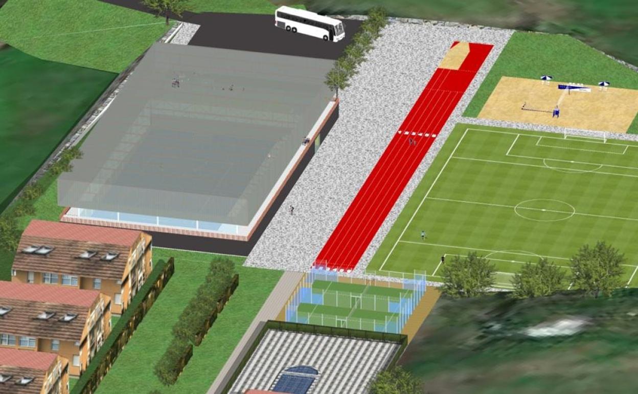 Boceto sobre el que está trabajando el Consistorio, abajo se aprecia la piscina y pista de pádel ya construidos 