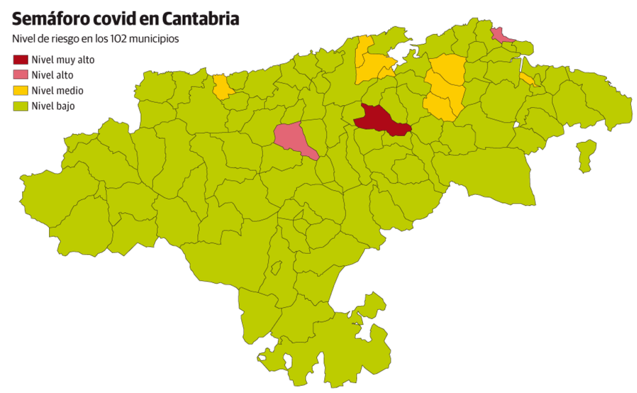 Mapa de Cantabria con los niveles de riesgo por municipios actualizado este martes