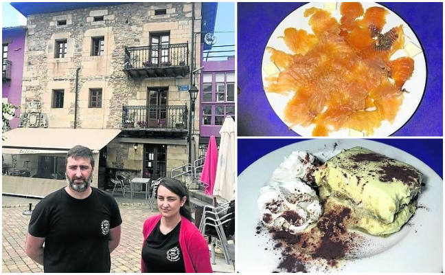 Antonio y Beatriz Vega. A la derecha, salmón y tiramisú de sobao.