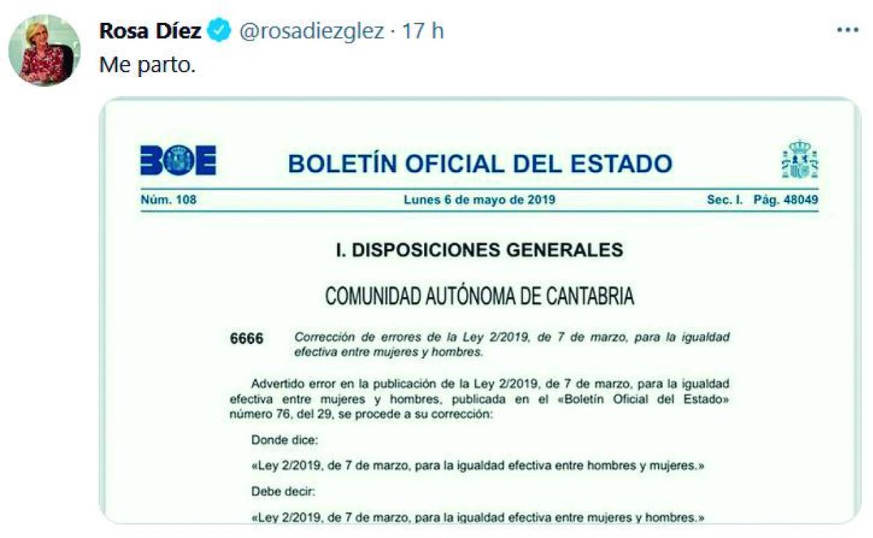 pLa publicación de Rosa Díez en Twitter con la imagen del Boletín. 