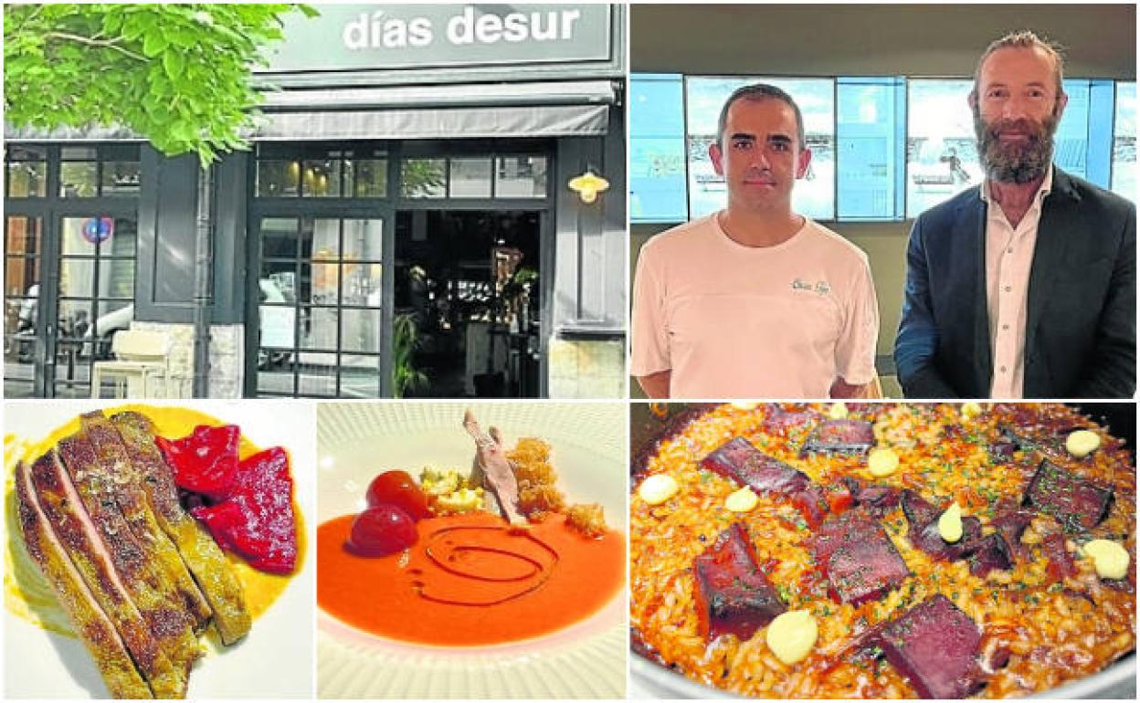 Óscar Teja y Manuel Alonso junto a varios de los platos de Días desur: secreto ibérico con chimichurri, salmorejo con láminas de bonito y arroz seco con cachón encebollado. 