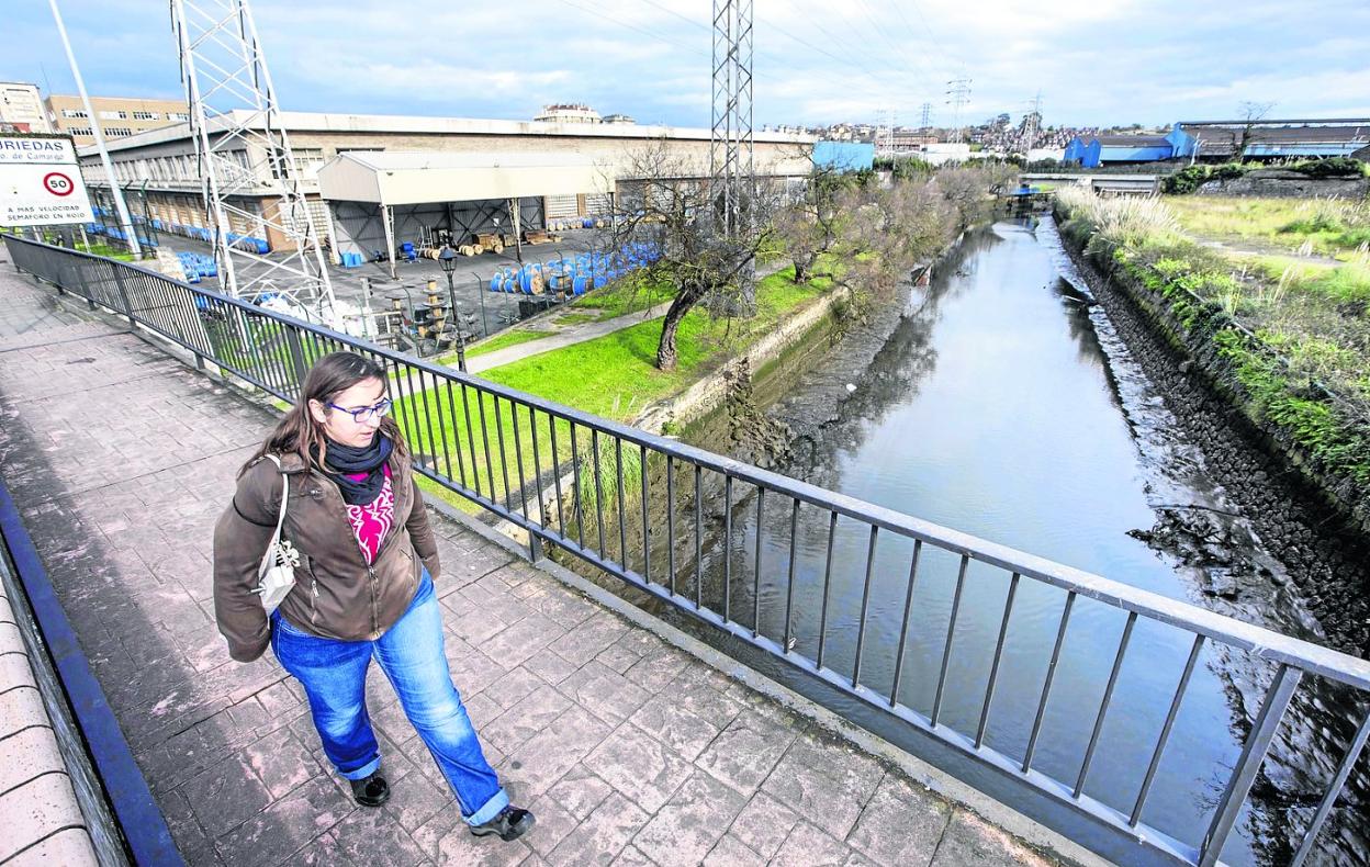 Una mujer camina por el puente de acceso a la Avenida de Bilbao de Muriedas, sobre la ría del Carmen, en una imagen tomada en 2020. 