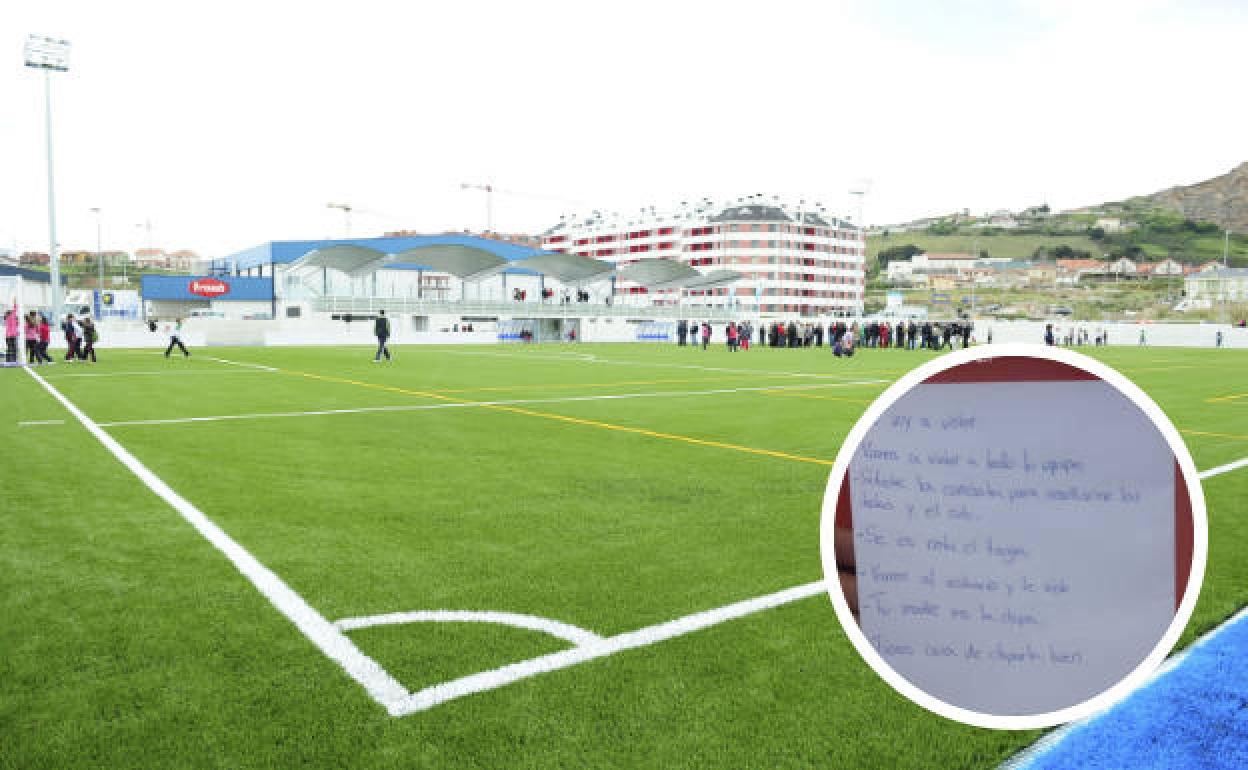 Imagen del campo de fútbol en el que ocurrieron los hechos y detalle de la nota manuscrita por una de las jugadoras afectadas.