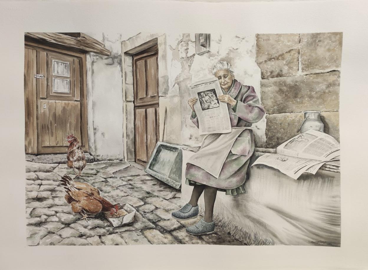 'Leyendo El Diario'. obra de la pintora Charo Martín, Sarima. 