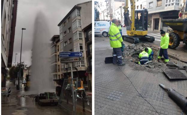 La columna de agua rebasó una altura de tres pisos. A la derecha, los técnicos procediendo a la reparación de la tubería.