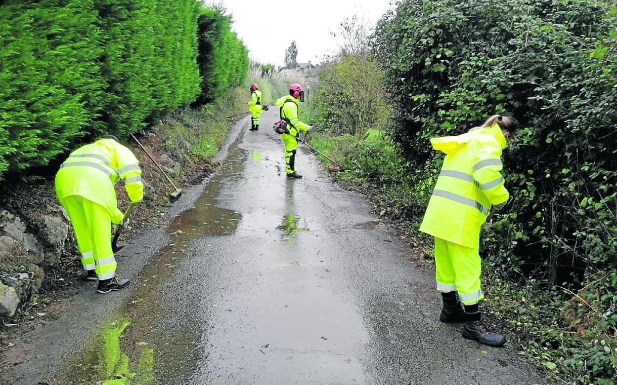 Un grupo de efectivos trabaja en el desbroce y limpieza de un camino, la semana pasada, en Camargo. 