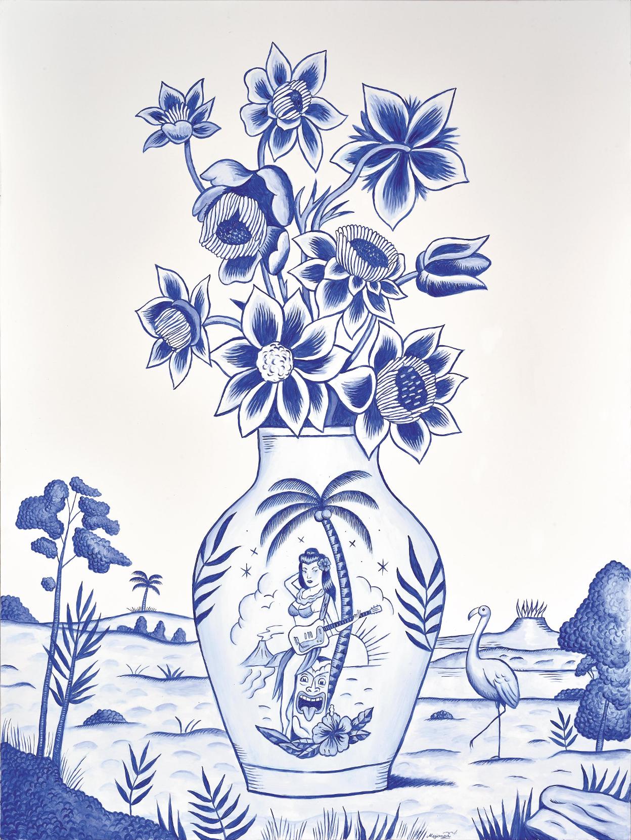 El tríptico 'Poder del ahora', esmalte cerámico sobre azulejo. Y 'Flores de otro mundo', obra de 2019, óleo sobre tela. Dos de las creaciones del artista Sergio Mora. 