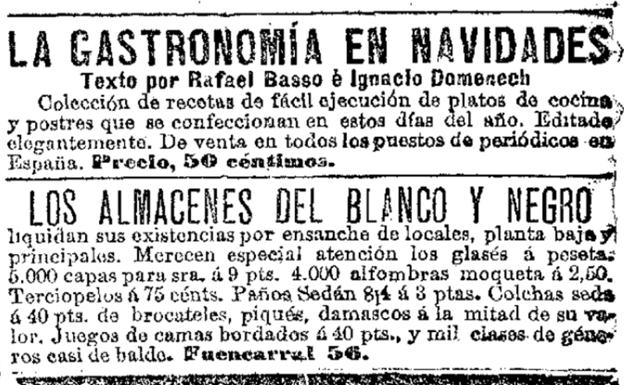 Anuncio de 'La Gastronomía en Navidades' en 'El Imparcial', 26 de noviembre de 1900. 