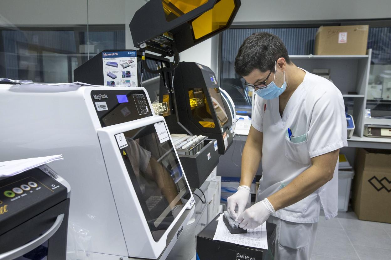 Un profesional del laboratorio de Microbiología de Valdecilla, donde llegan casi 3.000 muestras al día. 