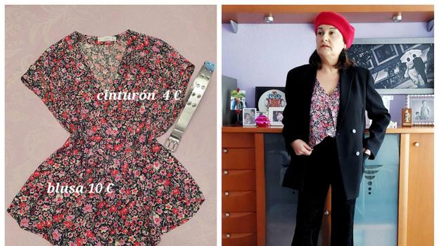 Blusa de estampado floral de Mango, que he combinado una 'blazer' negra que tenía en mi armario de Adolfo Domínguez y pantalón de terciopelo de las Rebajas, comprado en Zara. No falta mi boina a juego, en color rojo.