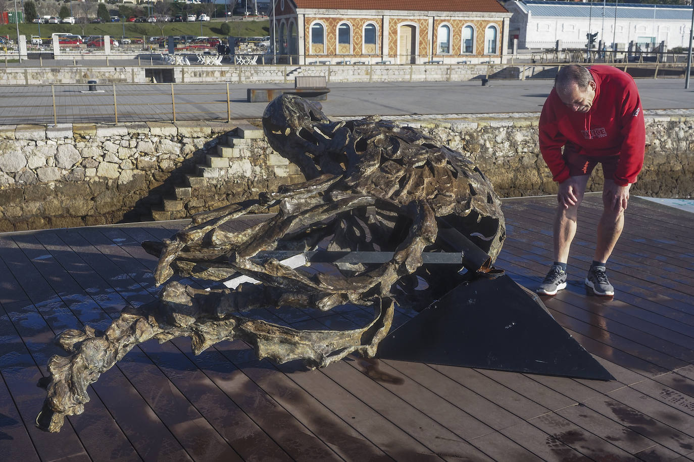 Un vecino observa la obra rota, instalada en la Duna de Zaera en honor a Vital Alsar.