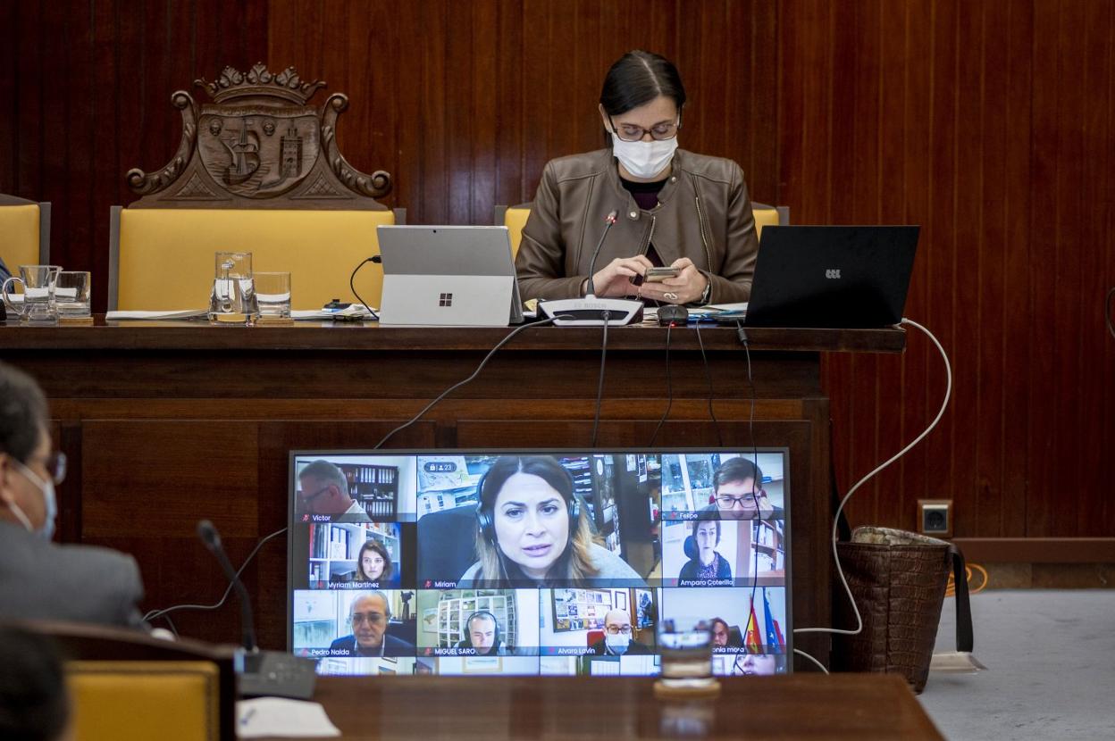 Imagen del Pleno de ayer, que se celebró de forma semipresencial con casi todos los concejales conectados de forma telemática. 