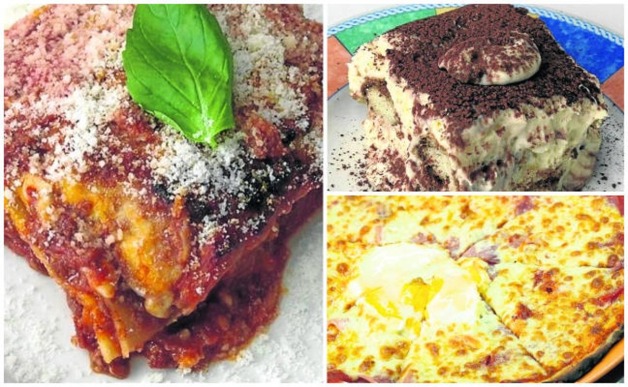 Lasaña clásica de carne, tiramisú casero y pizza Bismarck, de base romana con mozarella, jamón york y huevo. 