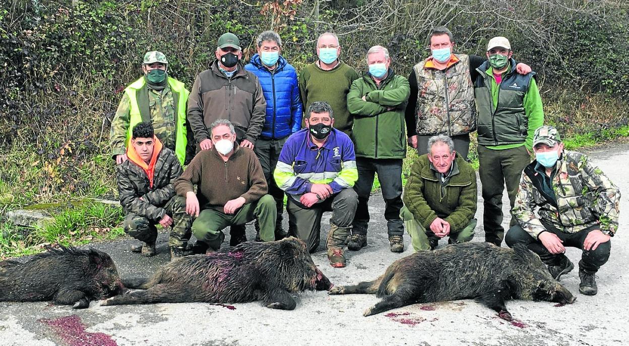 Miembros de la cuadrilla 23, con tres jabalíes cazados en el lote de Cieza Norte recientemente. dm