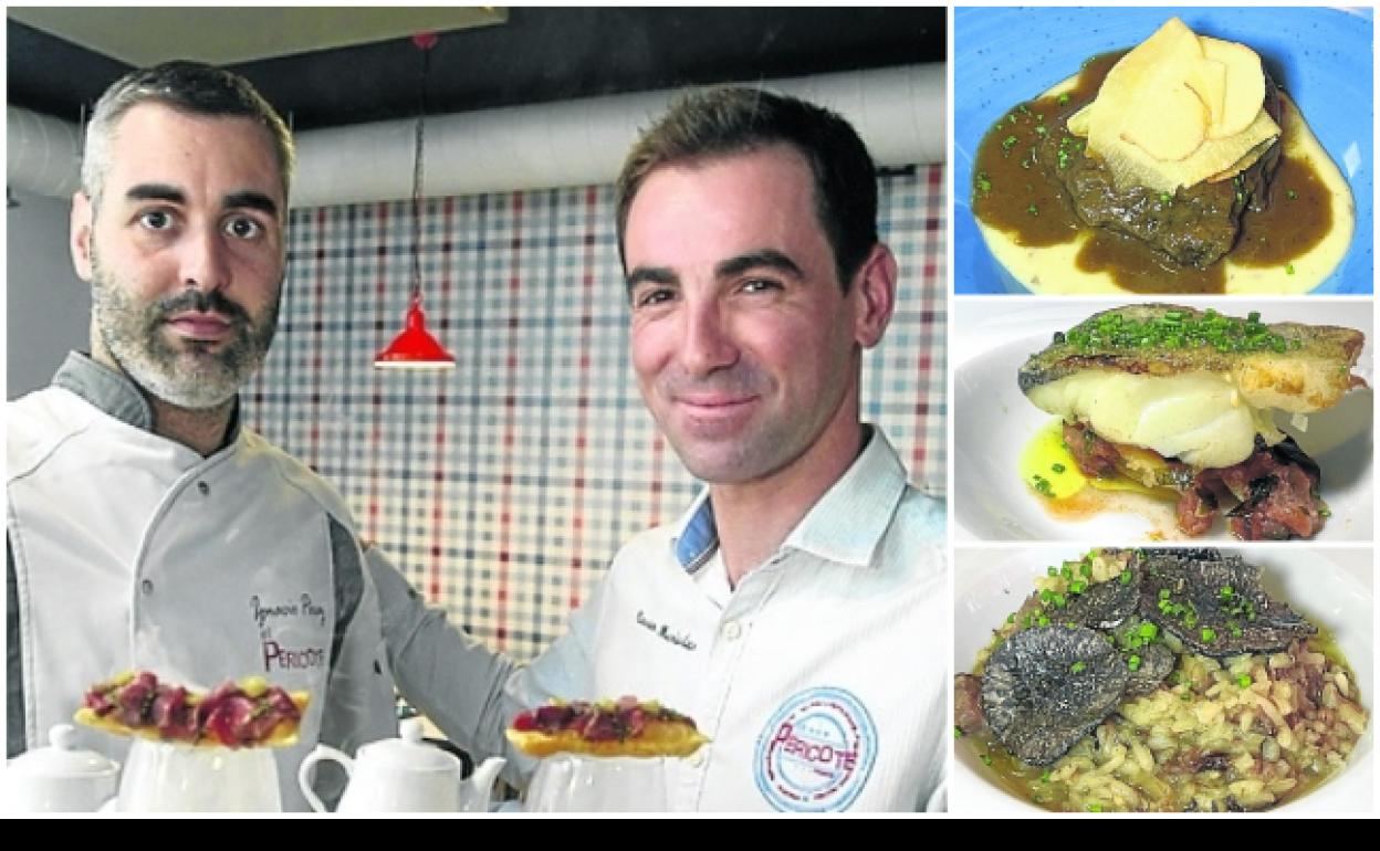 Nacho Pérez Malagón y César Muriedas -cocinero y director del Pericote-, junto a tres de sus platos estrella: carrillera sobre crema de patata, bacalao sobre pisto y arroz de rabo con trufa. 