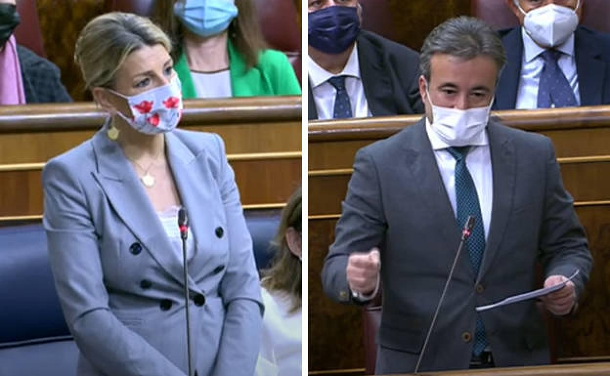 La ministra Yolanda Díaz y el diputado nacional del PP por Cantabria, Diego Movellán, esta mañana en el Congreso de los Diputados. 