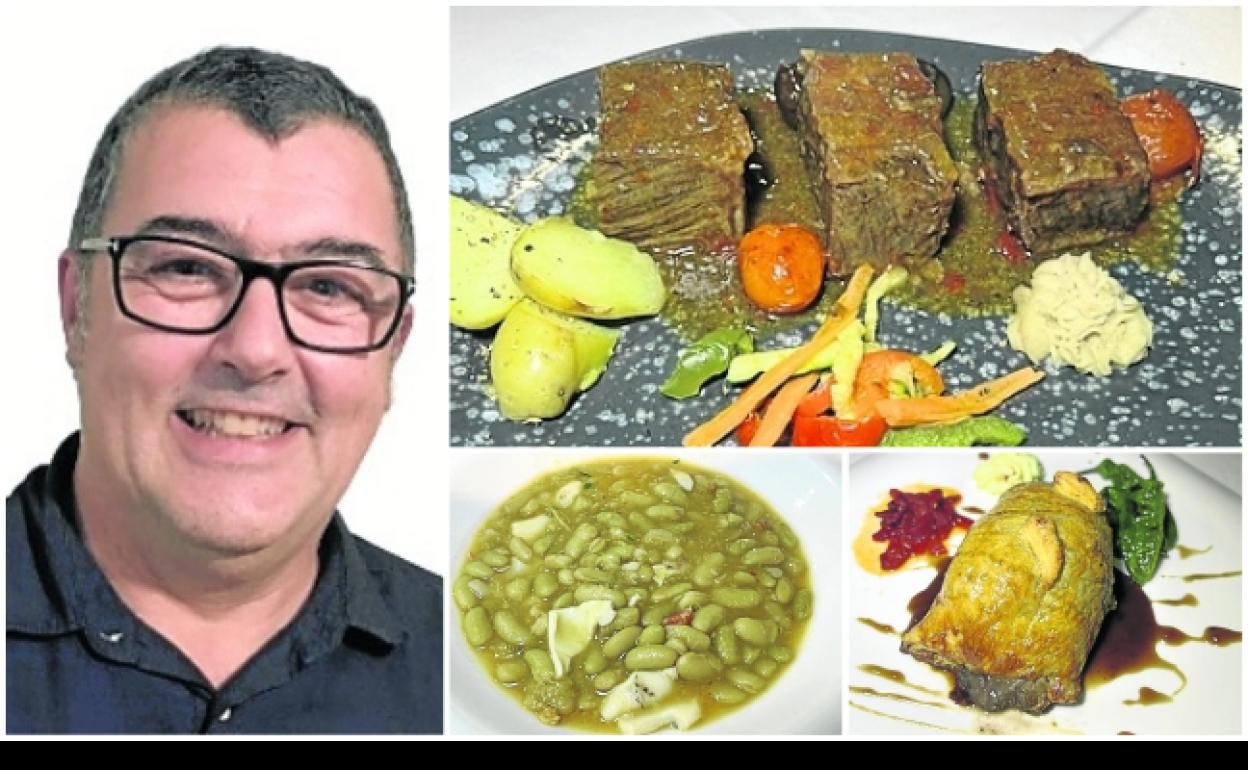 Santiago García Vázquez es el cocinero y propietario de La Nogalea. Arriba, plato de costilla de tudanca asada. Abajo, verdinas con callos de bacalao y hojaldre relleno de venado.