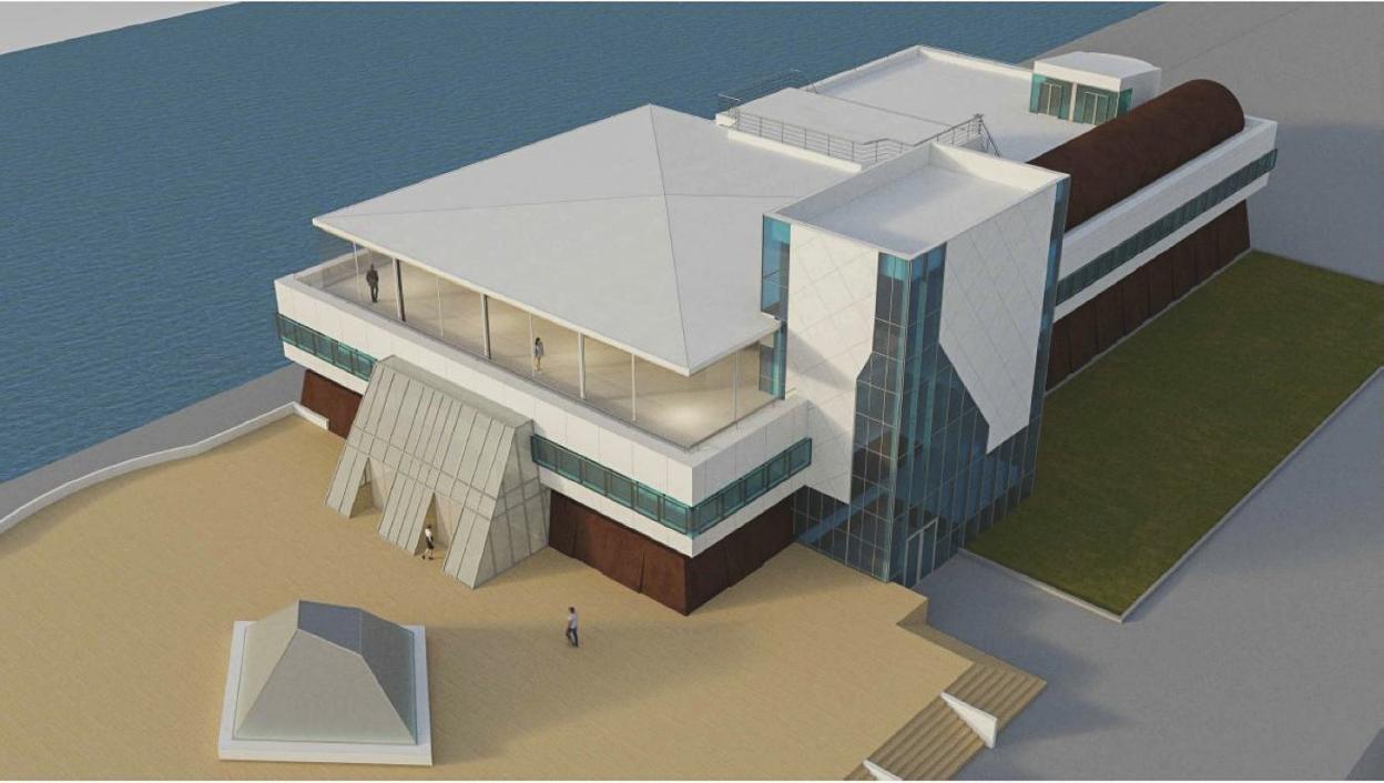 Una de las infografías que muestra al Museo Marítimo del Cantábrico tras la reforma de la cubierta y la creación de una terraza pública. 