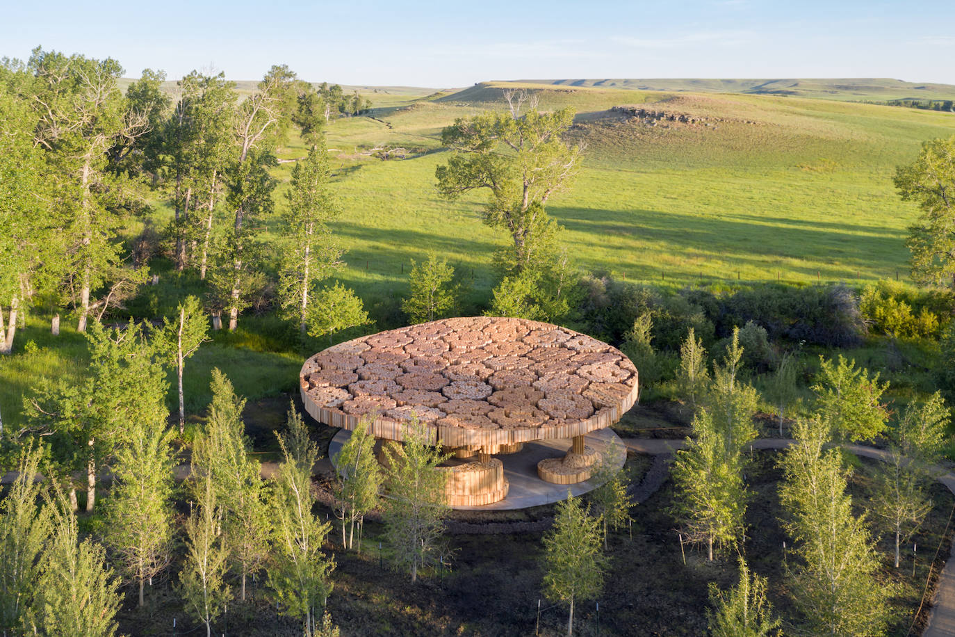 En 2019 completó su primera estructura permanente en Estados Unidos con un pabellón de troncos de pino atados en la zona rural de Montana.