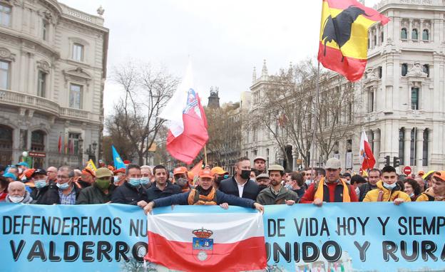 Un grupo de cántabros en Madrid exhibiendo sus pancartas. En primera fila, también el consejero Guillermo Blanco.