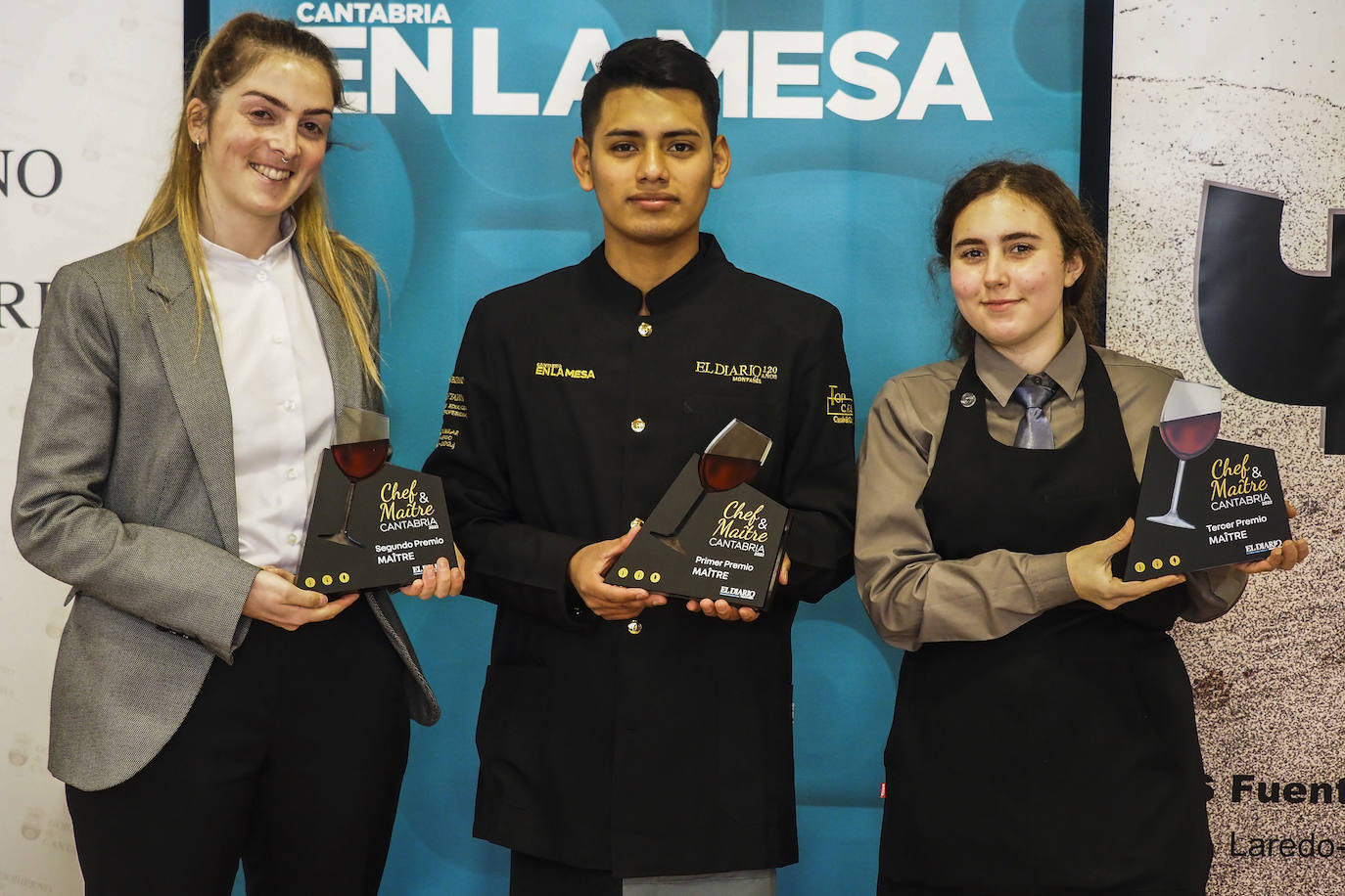 Veronica Bustio (segunda clasificada Maitre), Jose Luis Balvin (Maitre Cantabria) y Ana Gutiérrez (tercera clasificada Maitre).