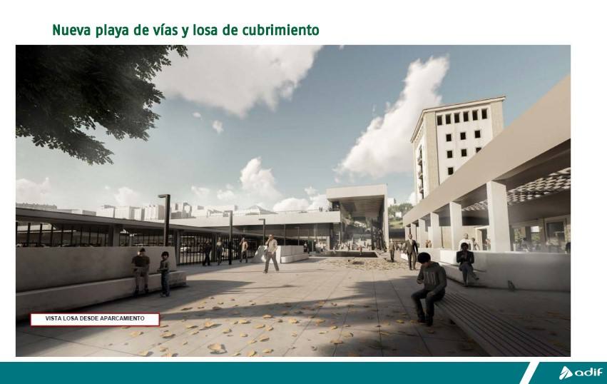 Las imágenes se corresponden a simulaciones de Adif para mostrar su idea de cómo quedaría la reordenación de las estaciones en Santander. Hay que tener en cuenta que la urbanización de la losa es competencia del Ayuntamiento por lo que las imágenes son una figuración de la empresa de transportes sin un proyecto aún definido