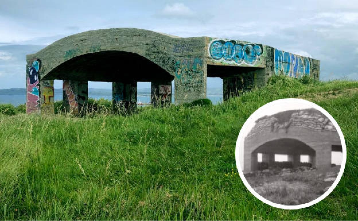 Casamata de artillería republicana de la batería de costa de Cabo Mayor en una fotografía de 1937 y en otra actual.