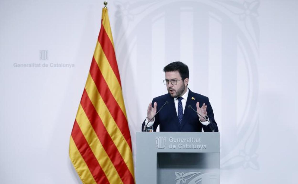 El presidente de la Generalitat, Pere Aragonès, durante la rueda de prensa que ha ofrecido este martes.