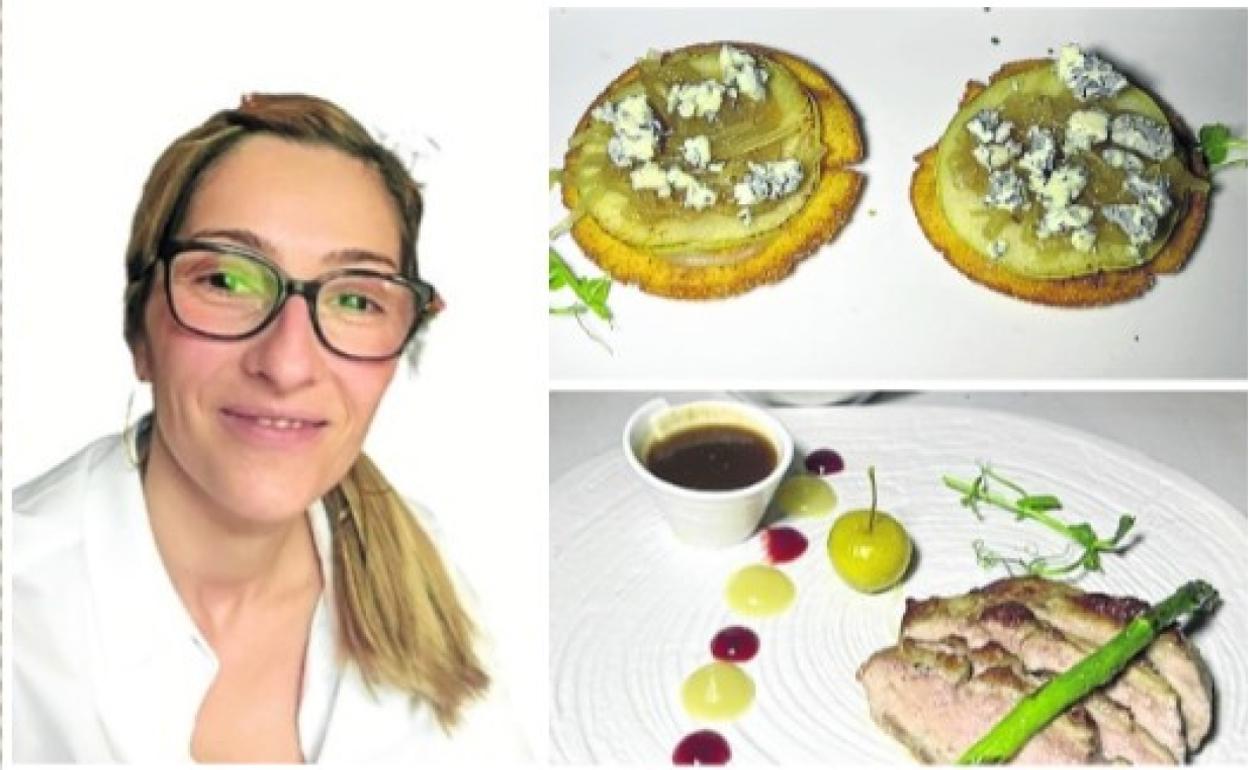 Belén Morquillas es la propietaria de La Villa. A la derecha, dos de sus platos estrella: Tortos de queso azul con manzana y cebolla caramelizada, y media de secreto ibérico al vermut. 