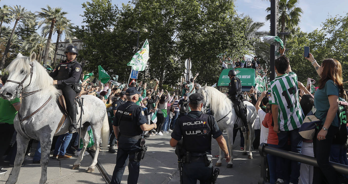 Cientos de aficionados celebran con los jugadores del Betis su título de Copa del Rey, durante su recorrido en autocar hasta el Ayuntamiento de Sevilla.