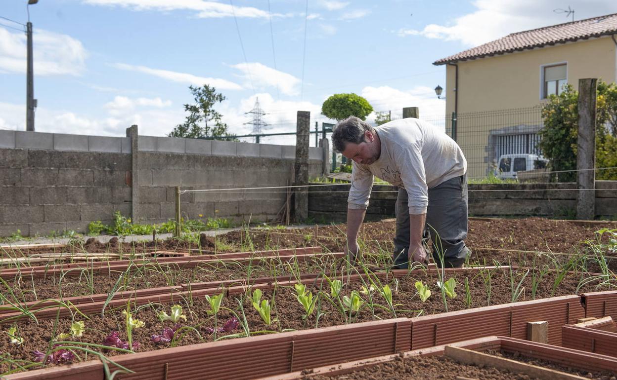 Un hombre trabajando en las huertas sostenibles. 