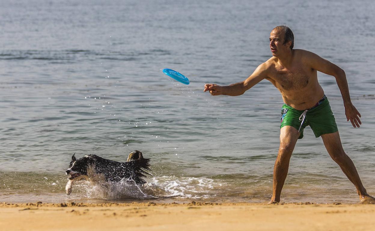 Un hombre y su perro se refrescan en Santander, donde se han superado los 30 grados a las diez de la mañana.