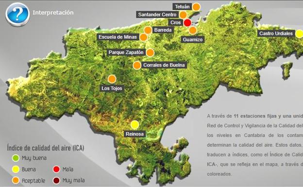 Imagen que presenta el mapa de calidad del aire en Cantabria en la mañana de este jueves.