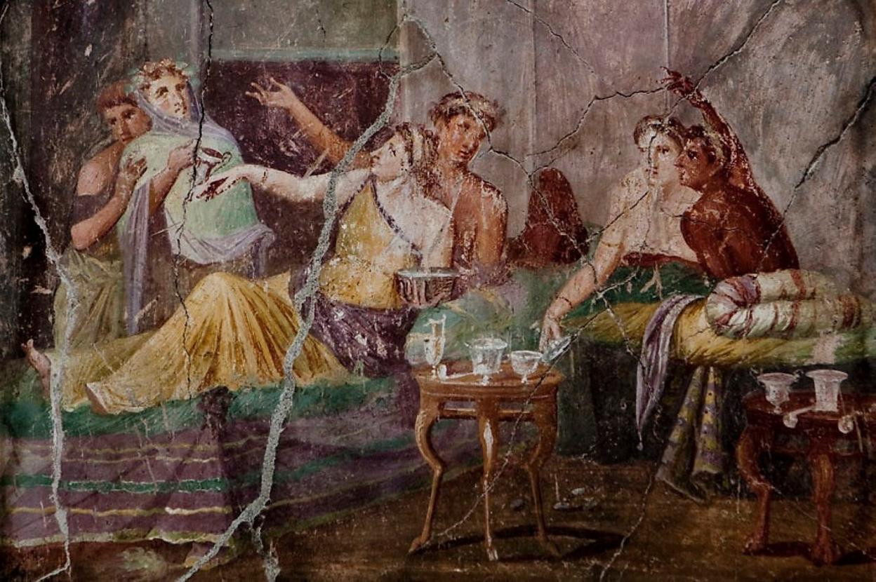 Los banquetes de Lúculo con sus amigos en su casa eran fastuosos; en la imagen, el mural de un banquete en la ciudad de Pompeya, que ha permanecido casi dos milenios atrapado en la lava del volcán y que no distarían mucho de los que ofrecía Lúculo en su casa. 