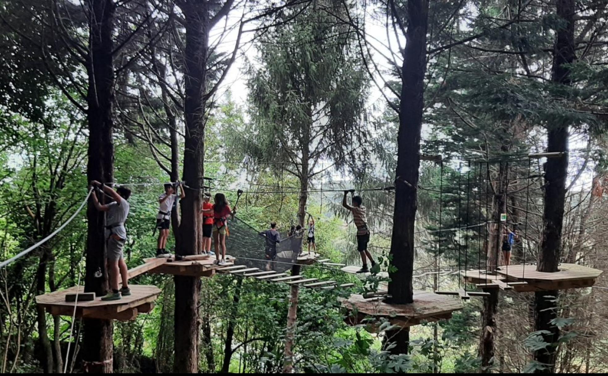 Un grupo de jóvenes del campus se divierte en el parque de aventuras. 