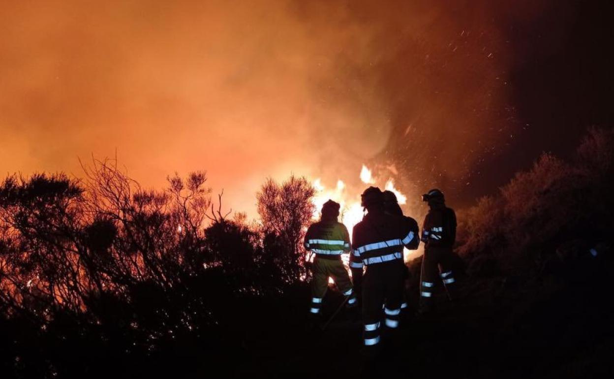 Bomberos forestales combaten las llamas en Cicera (Peñarrubia).