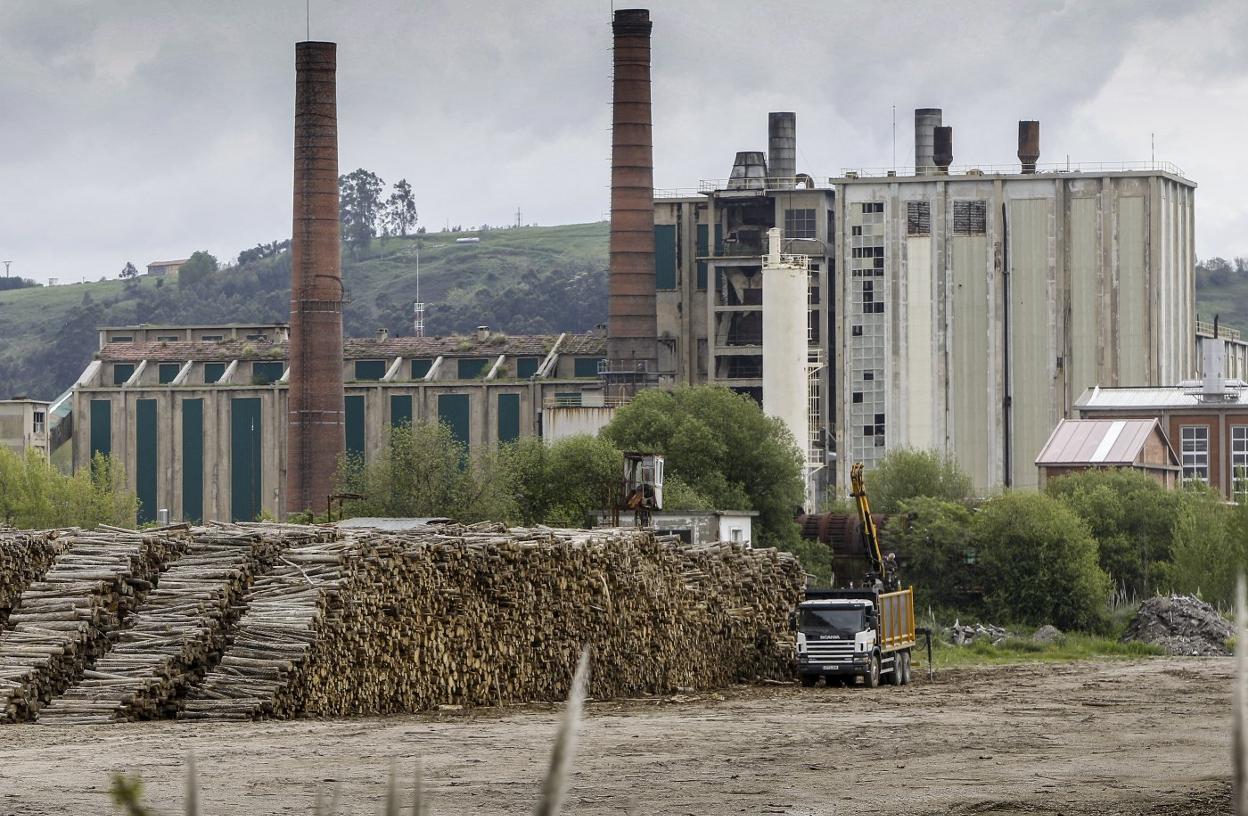 Movimiento de esteros de madera en el complejo de Sniace, en abril de 2020, semanas después de pedir la liquidación. 