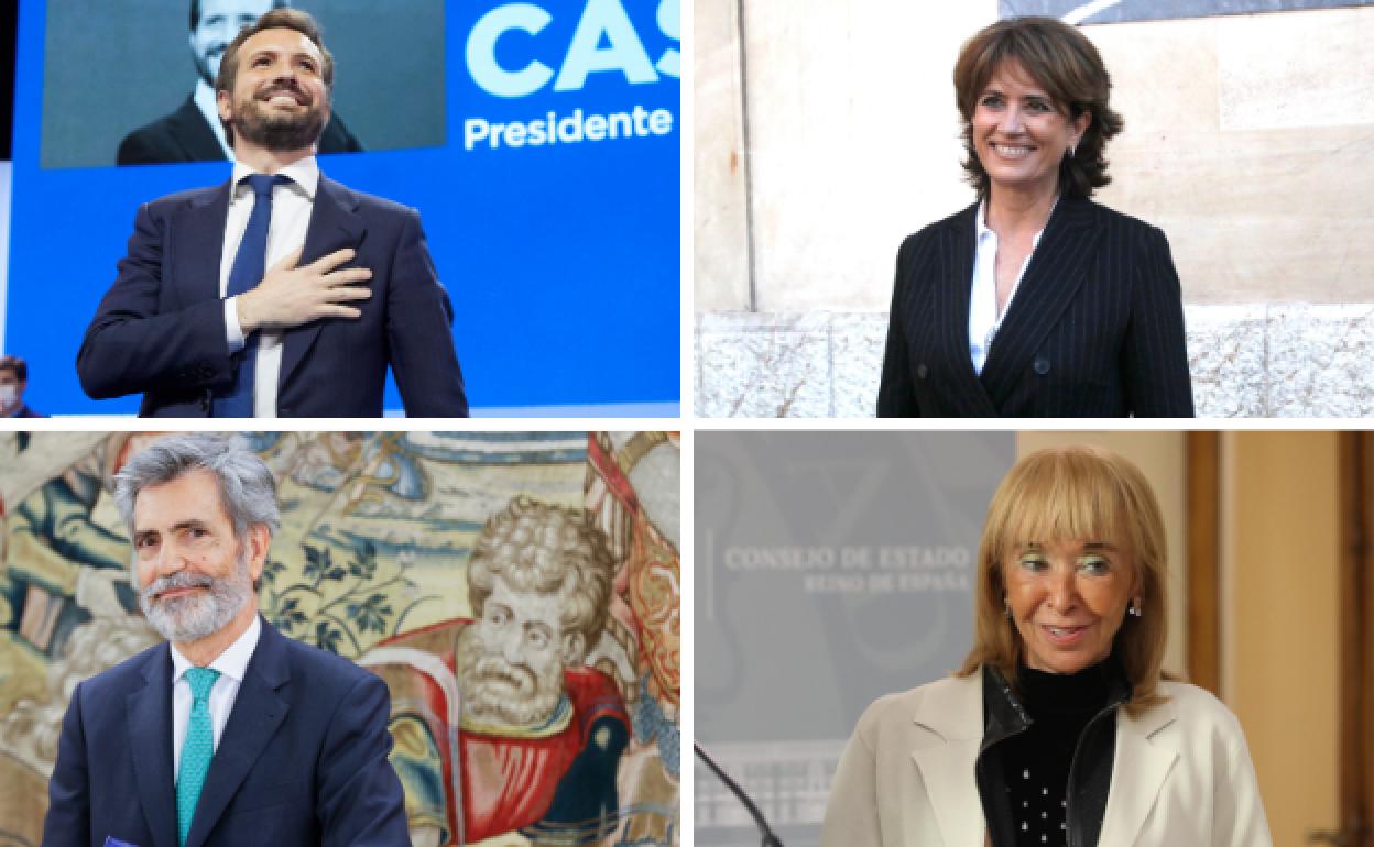 Arriba. Pablo Casado y Dolores Delgado. Debajo. Carlos Lesmes y María Fernández de la Vega.