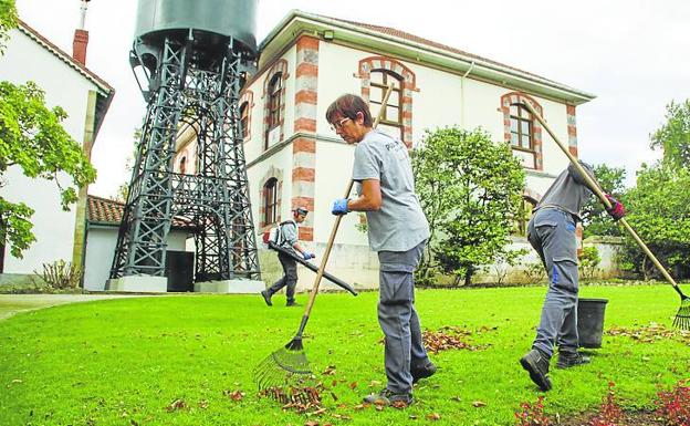 Algunos de los participantes eliminan las hojas caídas en el recinto. 