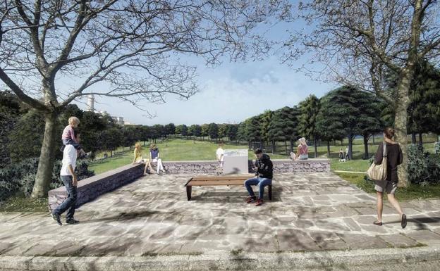 Zona de descanso, con bancos, en un cruce de caminos. 